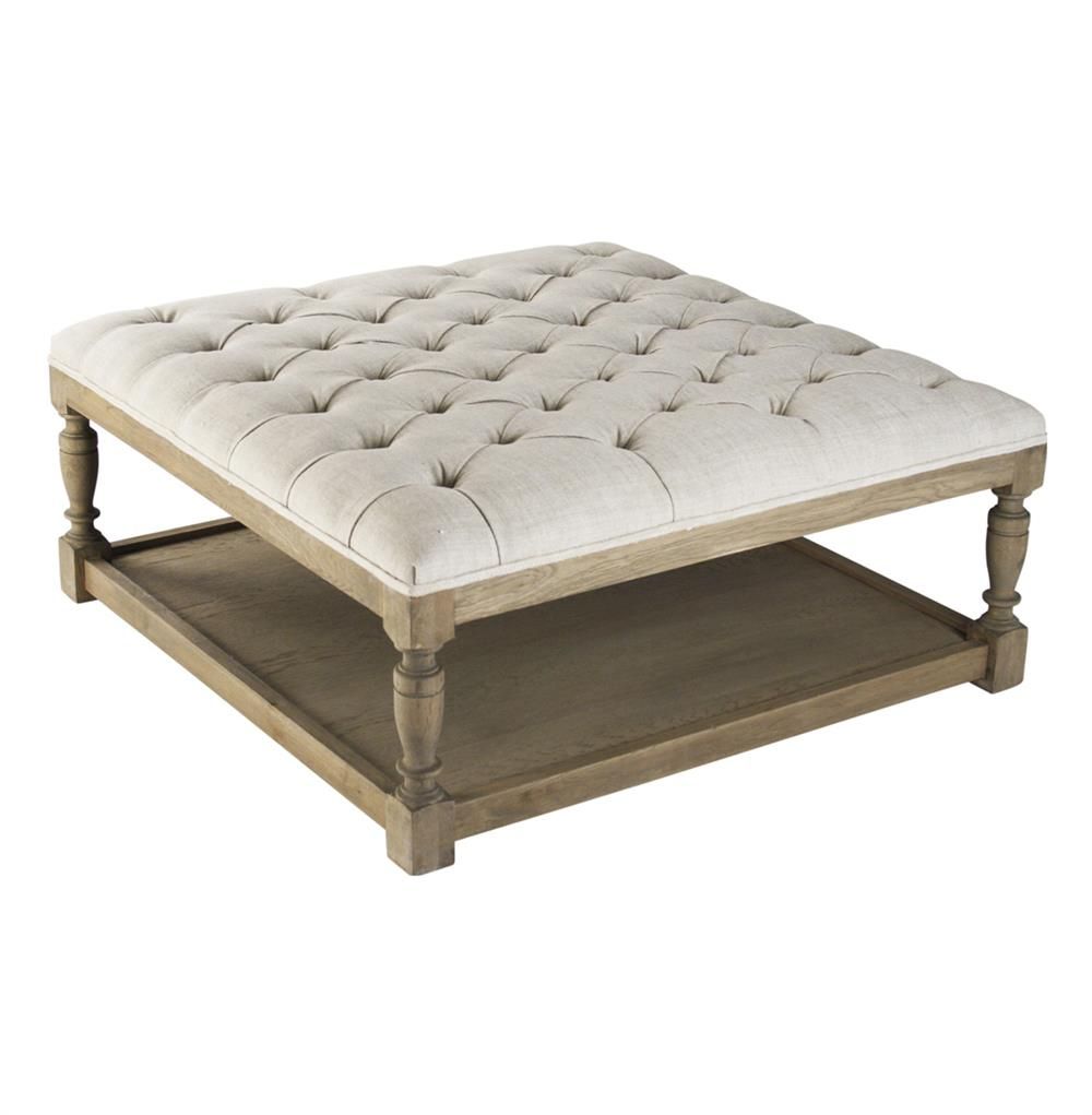 Square Linen Natural Oak Tufted Coffee Table Ottoman | Kathy Kuo Home Inside Natural Fabric Square Ottomans (View 19 of 20)