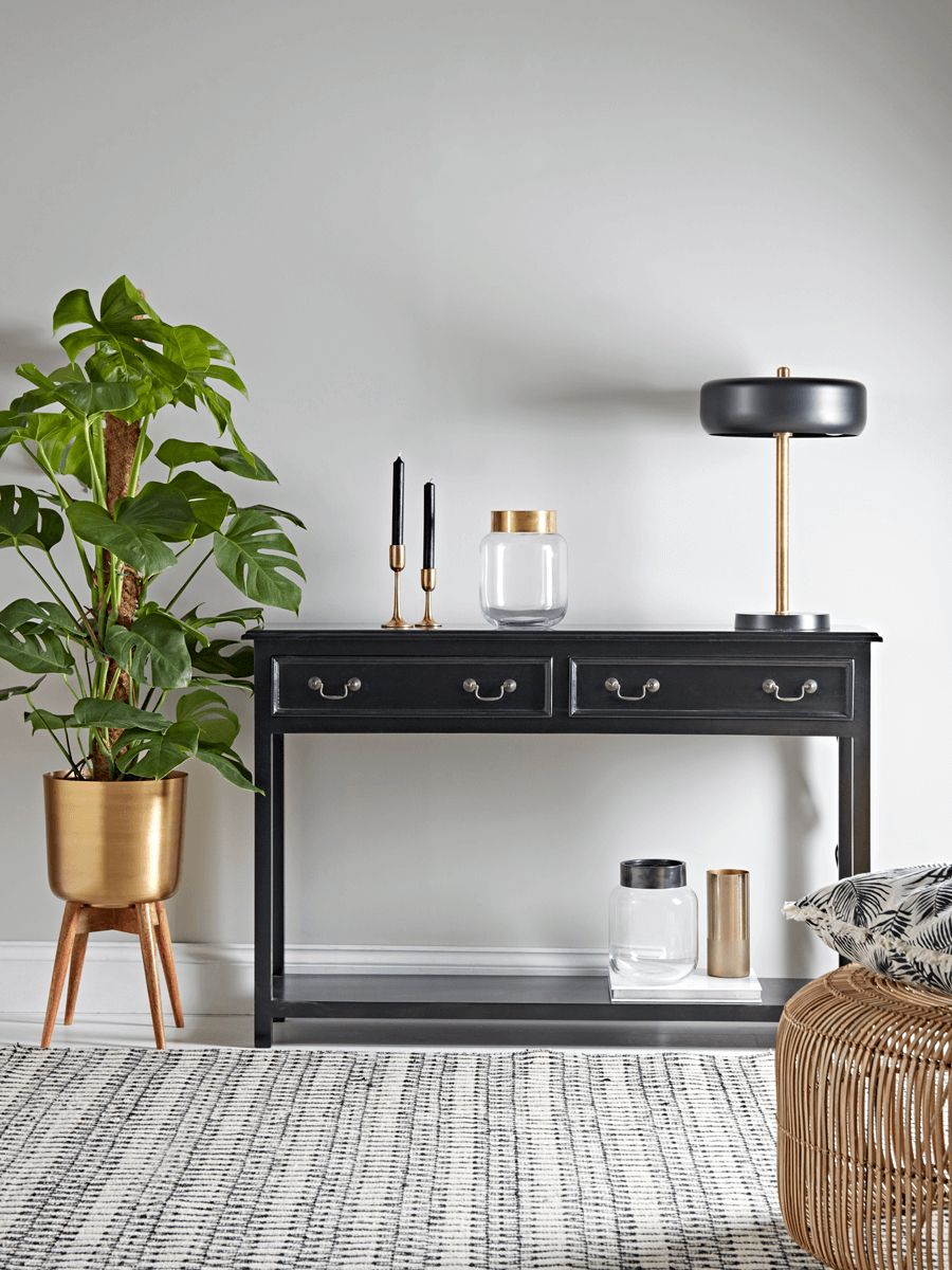 Standing Brass Planter | Black Console Table Decor, Wooden Console Pertaining To Aged Black Console Tables (View 2 of 20)