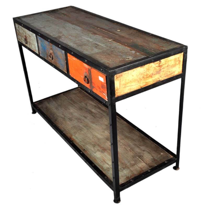 Stoneford Reclaimed Wood 3 Drawer Industrial Hall Console Table In Barnwood Console Tables (View 12 of 20)