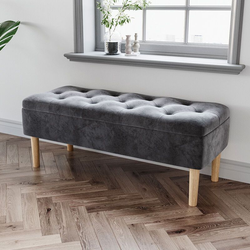 Storage Footstool Velvet Ottoman Stool Bench Rubber Wooden Leg Grey With Gray Velvet Ottomans With Ample Storage (View 1 of 20)