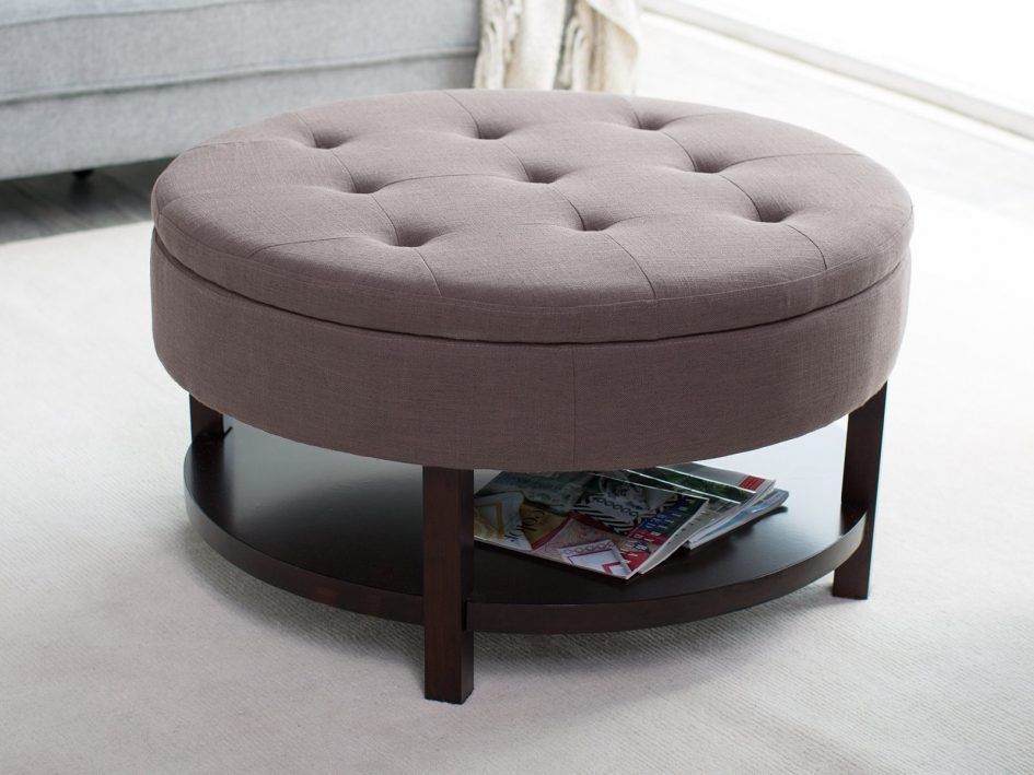 Storage Interesting Grey Round Ottoman With Storage Tufted Lid Design In Gray Velvet Ribbed Fabric Round Storage Ottomans (View 18 of 20)