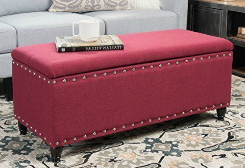 Storage Ottoman Bench Deep Red Nailhead Studded Fabric Fu Https Intended For Red Fabric Square Storage Ottomans With Pillows (View 8 of 20)