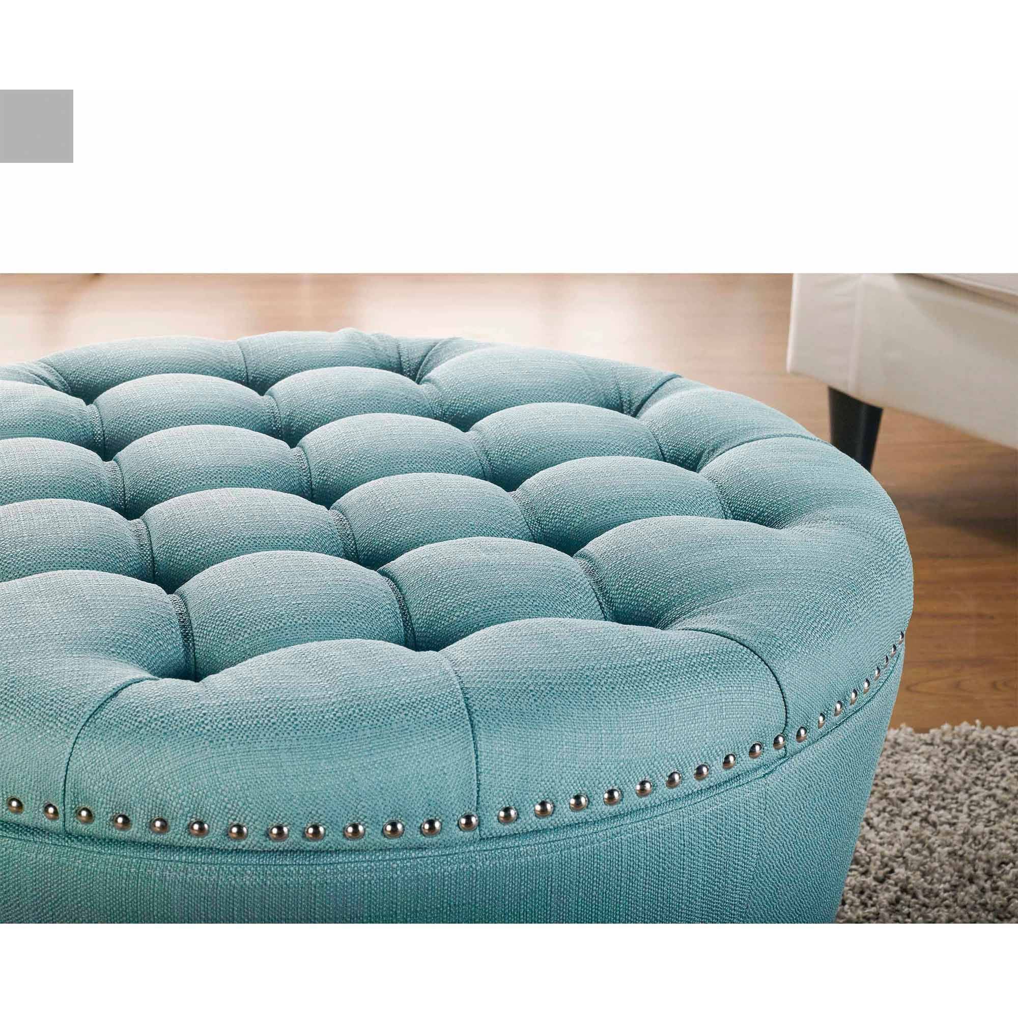 Storage Ottoman With Nail Heads Round Tufted Decorative Living Room Intended For Pouf Textured Blue Round Pouf Ottomans (View 17 of 20)