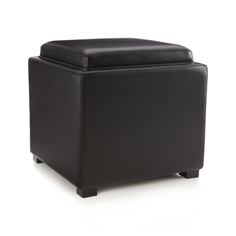 Stow Onyx 17" Leather Storage Ottoman | Storage Ottoman, Leather Intended For Black And Ivory Solid Cube Pouf Ottomans (View 2 of 20)