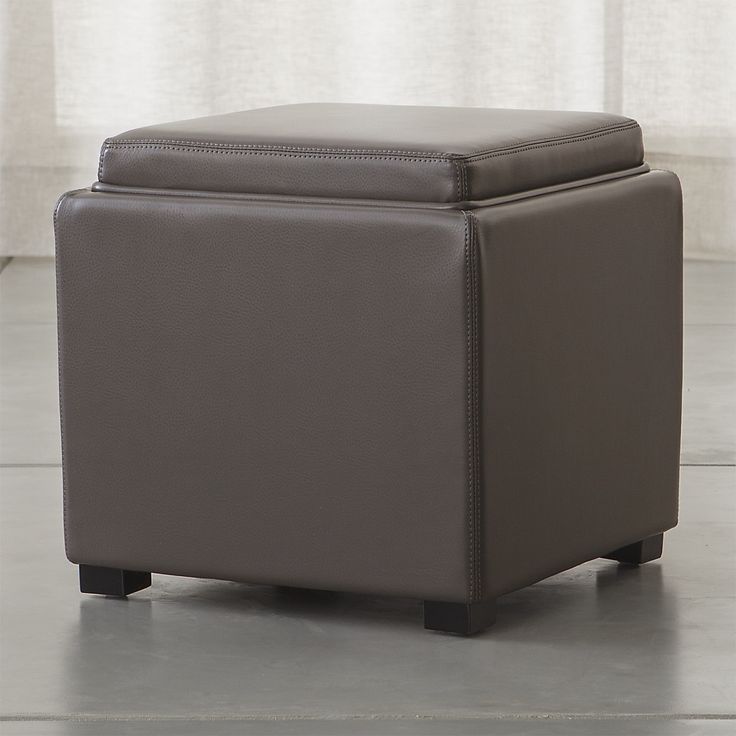 Stow Smoke 17" Leather Storage Ottoman + Reviews | Crate And Barrel Throughout Black And Ivory Solid Cube Pouf Ottomans (View 1 of 20)