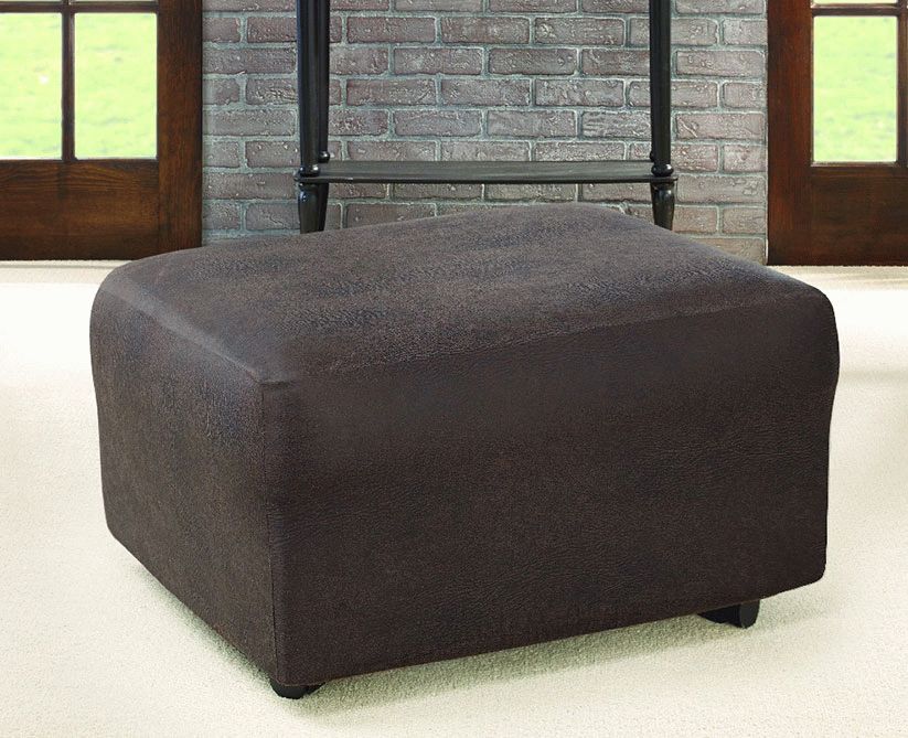 Stretch Faux Leather Ottoman Slipcover In Weathered Silver Leather Hide Pouf Ottomans (View 8 of 20)
