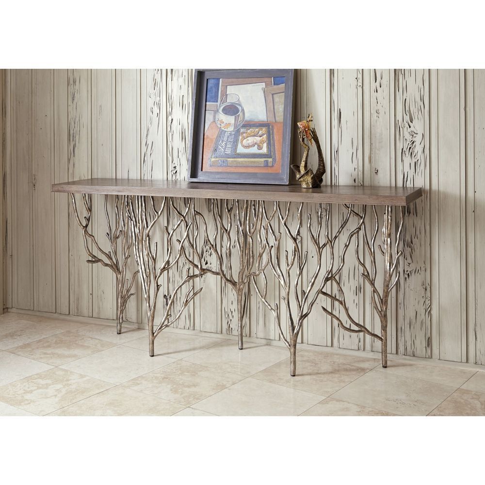 Stunning Contemporary Forest Silver Metal Wood Top Console Table,80'' X Pertaining To Antique Silver Aluminum Console Tables (View 5 of 20)