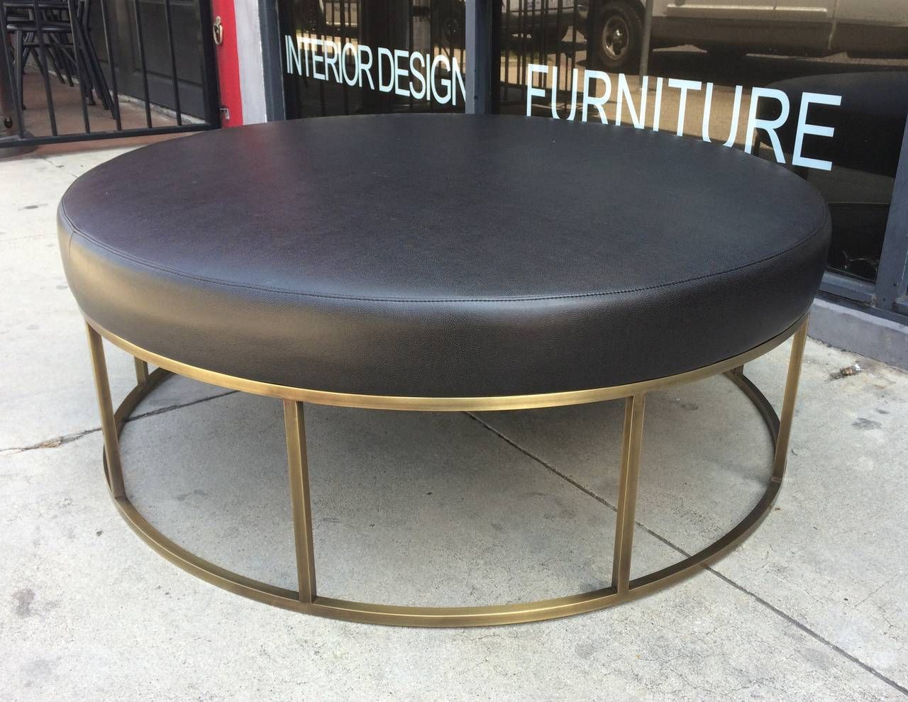 Stunning Custom Designed Round Ottoman With Solid Brass Base For Sale Intended For White Solid Cylinder Pouf Ottomans (View 15 of 18)