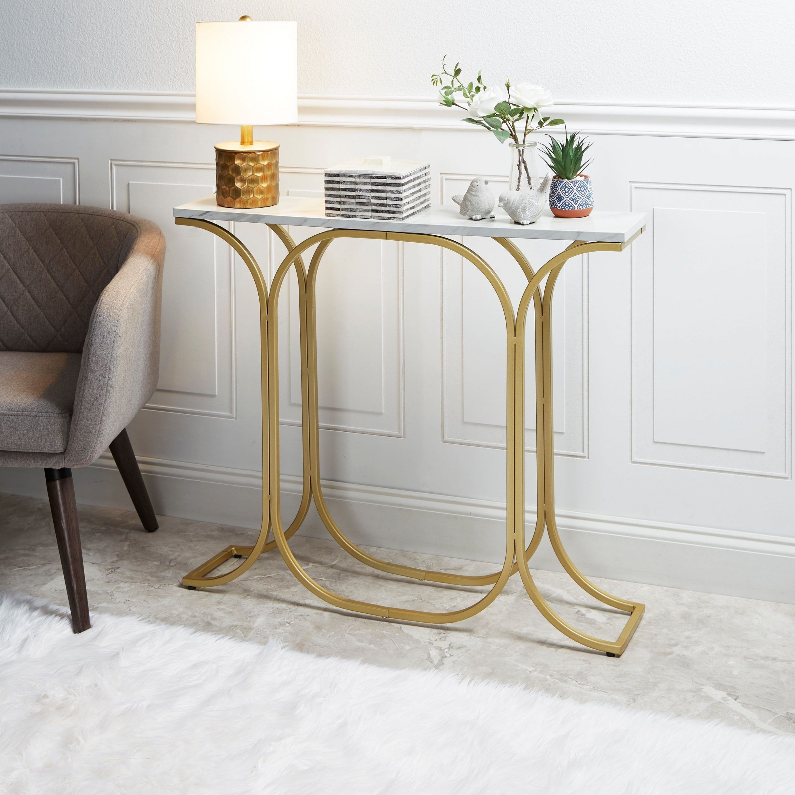 Suzanne Slim Goldtone Finish Console Table With Faux Marble Top In 2020 Throughout Antiqued Gold Rectangular Console Tables (View 1 of 20)