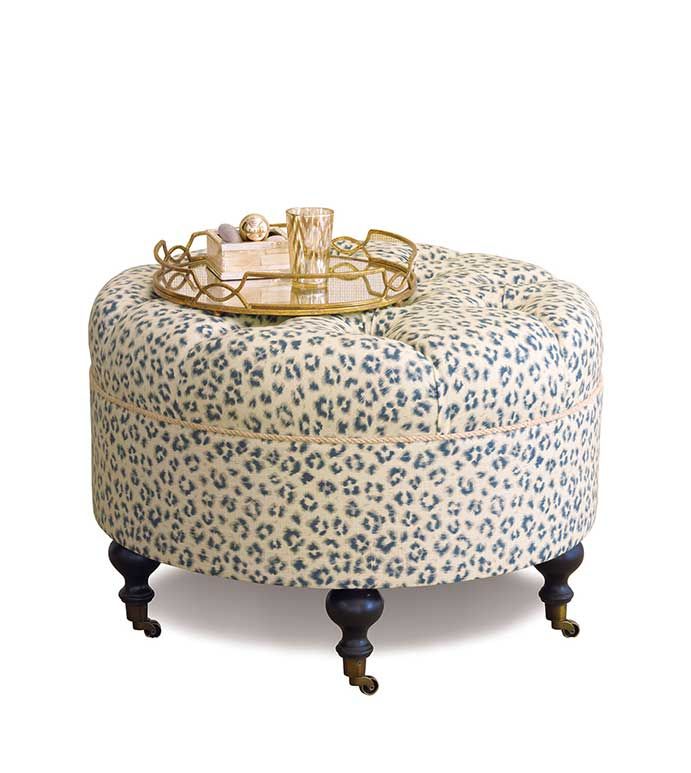 Tabby Sapphire Round Ottoman – Eastern Accents Intended For Orange Fabric Round Modern Ottomans With Rope Trim (View 4 of 20)