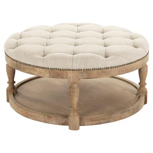 Talia French Country Grey Oak Linen Tufted Round Wood Coffee Table For Gray Fabric Round Modern Ottomans With Rope Trim (View 15 of 20)