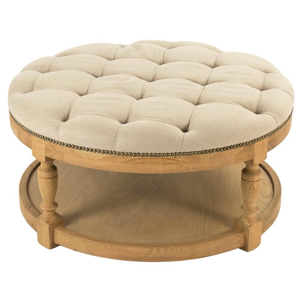 Talia French Country Natural Oak Linen Tufted Nailhead Trim Round Wood For Cream Linen And Fir Wood Round Ottomans (View 14 of 20)