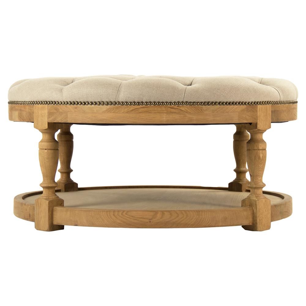 Talia French Country Natural Oak Linen Tufted Nailhead Trim Round Wood Regarding Cream Linen And Fir Wood Round Ottomans (View 15 of 20)