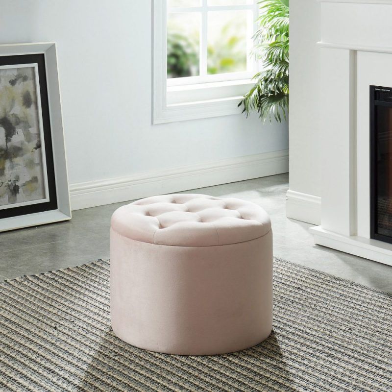 Talia Round Storage Ottoman In Pink Velvet Fabric » Ontario Mattress For Pink Fabric Banded Ottomans (View 2 of 20)