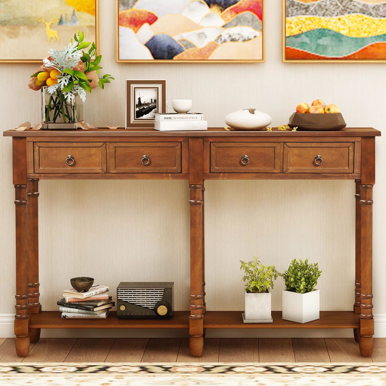 Tall Console Table With 2 Big Storage Drawers, 58'' Wood Buffet With Vintage Coal Console Tables (View 3 of 20)