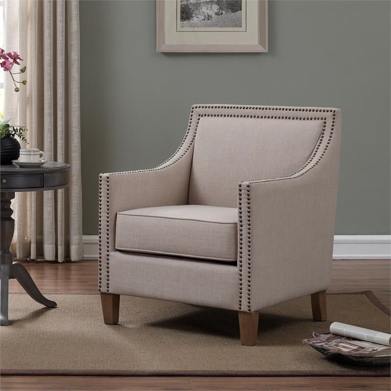 Taslo Beige Sand Fabric Accent Chair With Nail Head Accents – 8018 05 Intended For Light Beige Round Accent Stools (View 1 of 20)