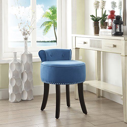 Taylor Blue Velvet Vanity Stool – Nailhead Trim | Roll Back | Button With Regard To Ivory Button Tufted Vanity Stools (View 9 of 20)