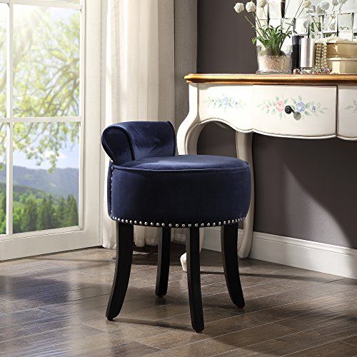 Taylor Navy Velvet Vanity Stool – Nailhead Trim | Roll Back | Button With Ivory Button Tufted Vanity Stools (View 7 of 20)