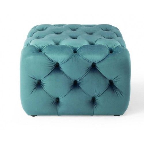 Teal Green Velvet Totally Tufted Square Ottoman Footstool | Square Within Teal Velvet Pleated Pouf Ottomans (View 9 of 20)