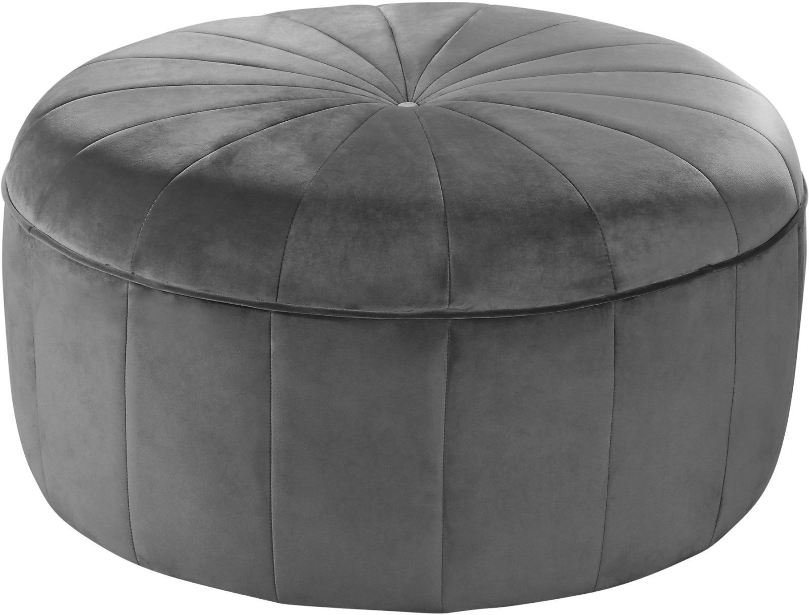 Thane Contemporary Round Ottoman Bench In Dark Grey Channel Tufted Velvet With Gray Velvet Ribbed Fabric Round Storage Ottomans (View 3 of 20)