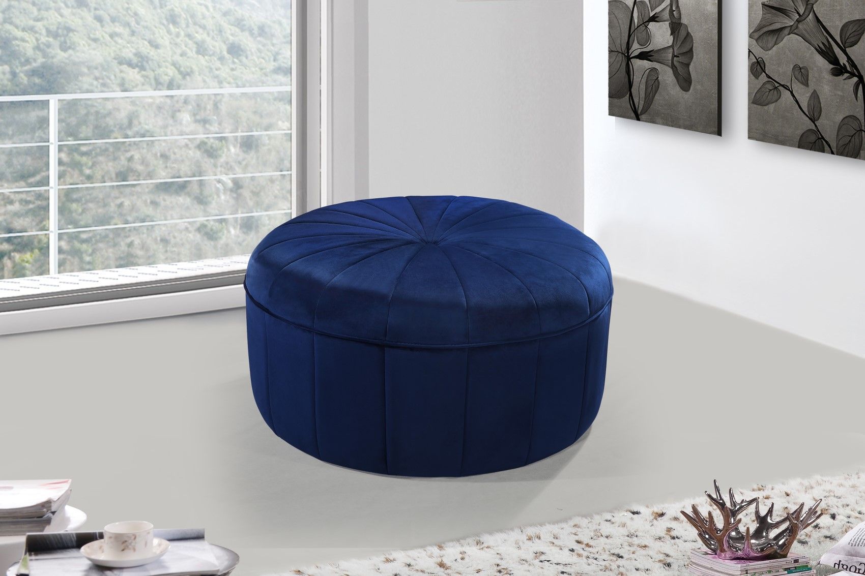 Thane Contemporary Round Ottoman Bench In Navy Blue Channel Tufted Velvet Intended For Navy Velvet Fabric Benches (View 1 of 20)