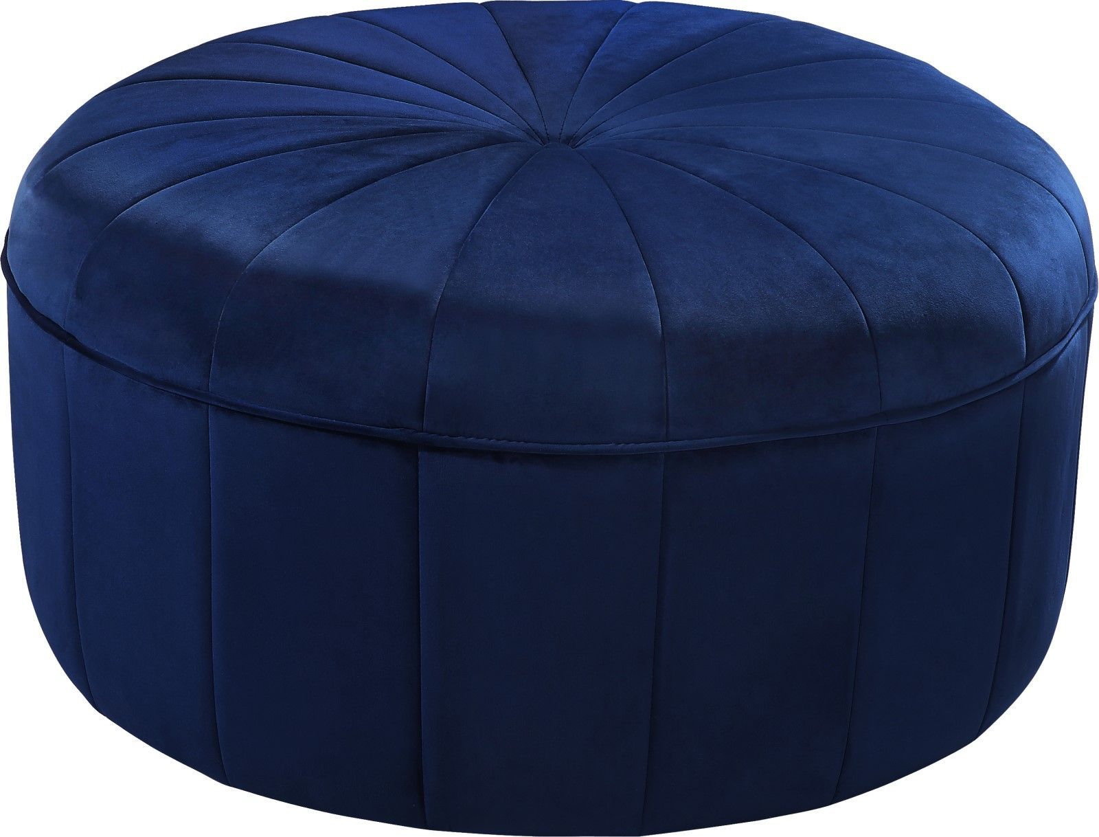 Thane Contemporary Round Ottoman Bench In Navy Blue Channel Tufted Velvet Regarding Blue Fabric Tufted Surfboard Ottomans (View 4 of 20)