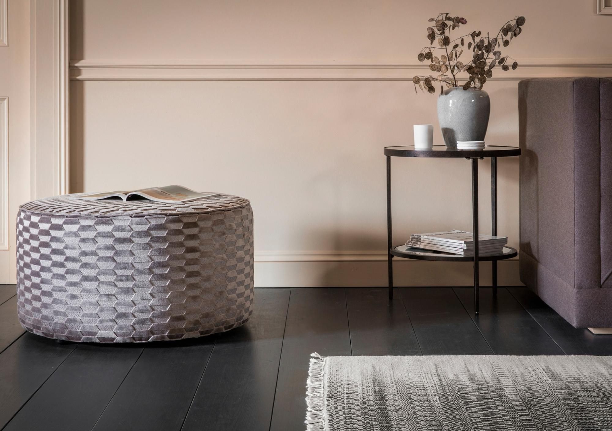 The Lucy Ottoman From Perch And Parrow Adds Sparkle, Upholstered In With Regard To Cream Velvet Brushed Geometric Pattern Ottomans (View 3 of 20)