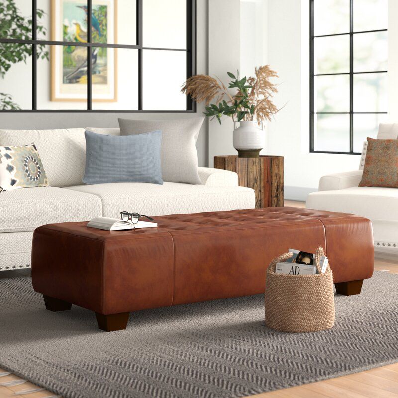 Three Posts Gendron 62" Wide Genuine Leather Tufted Rectangle Cocktail Pertaining To Tufted Fabric Cocktail Ottomans (View 16 of 20)