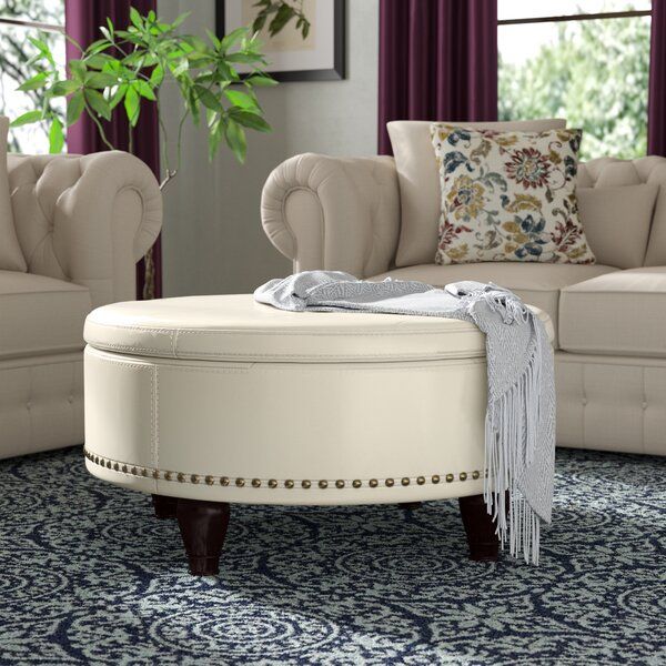 Three Posts™ Manford 32" Wide Genuine Leather Round Storage Ottoman Within Silver And White Leather Round Ottomans (View 16 of 20)