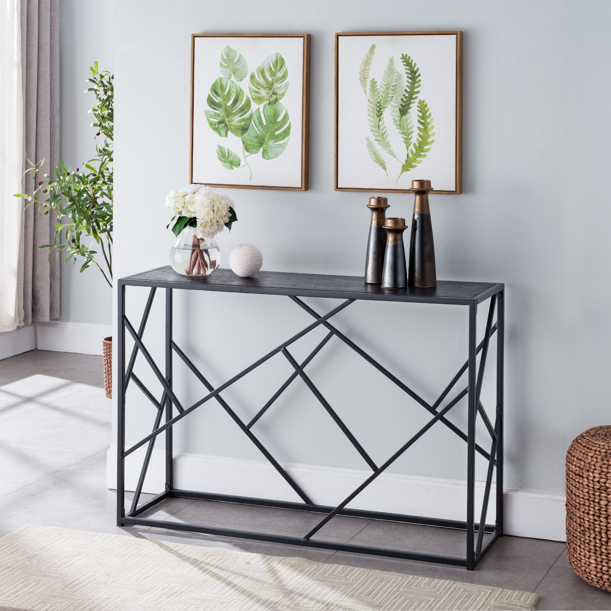 Thurl Modern Entryway Console Sofa Table, Black Metal Frame & Gray Wood Inside Square Modern Console Tables (View 1 of 20)