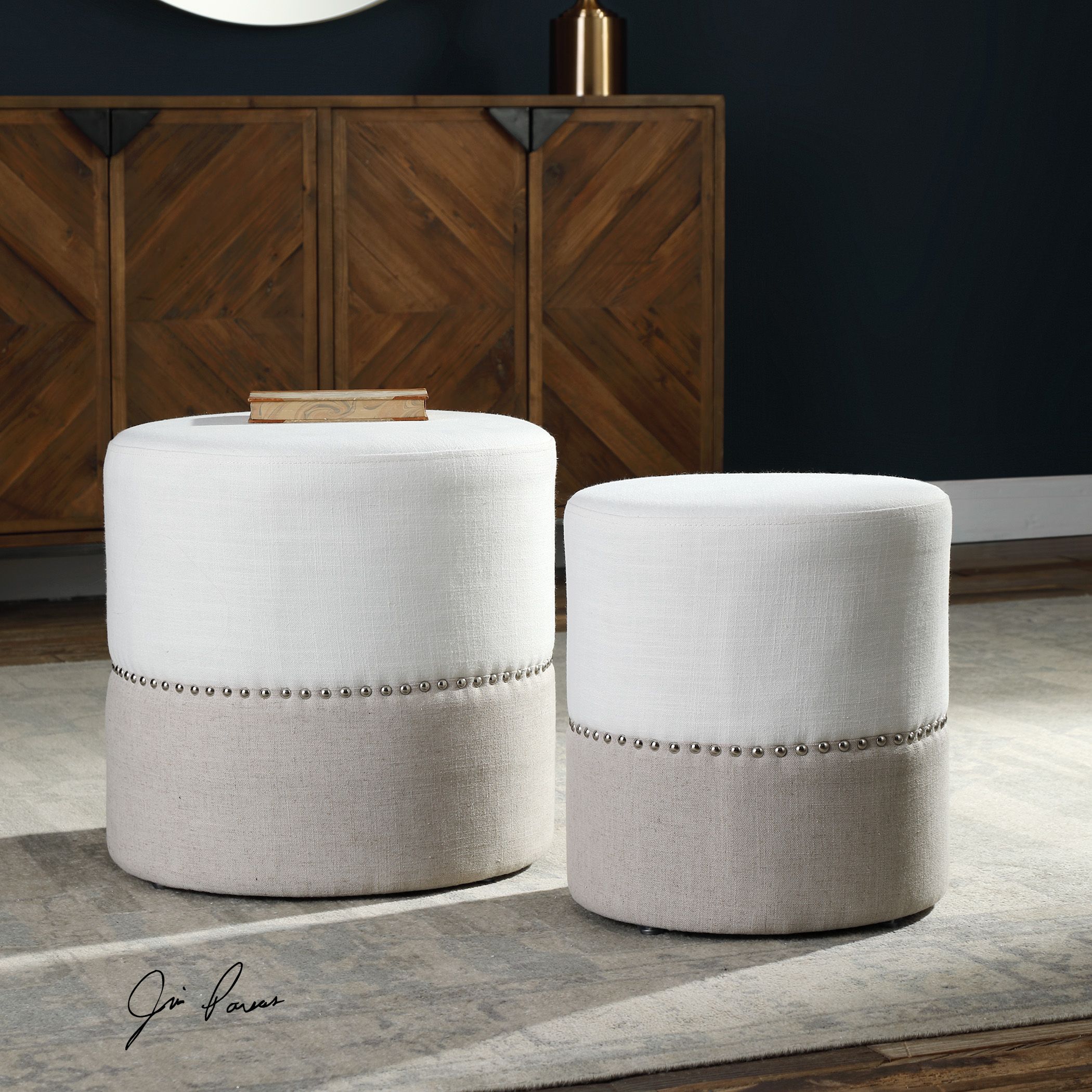 Tilda Two Toned Nesting Ottomans S/2 | Painted Fox Home In Beige Trellis Cylinder Pouf Ottomans (View 14 of 20)