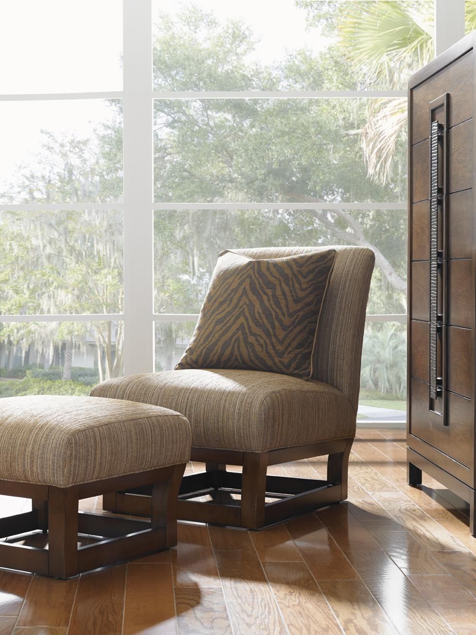 Tommy Bahama Home Ocean Club Contemporary Exposed Wood Fusion Chair In Gray And Brown Stripes Cylinder Pouf Ottomans (View 13 of 20)
