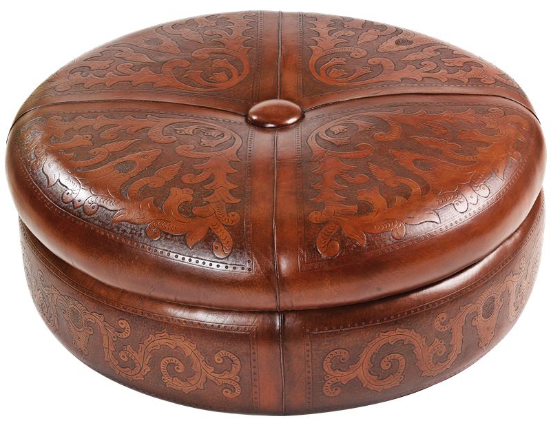 Tooled Leather Colonial King Kong 60 Inch Ottoman In Antique Brown With Regard To Brown Leather Hide Round Ottomans (View 11 of 20)