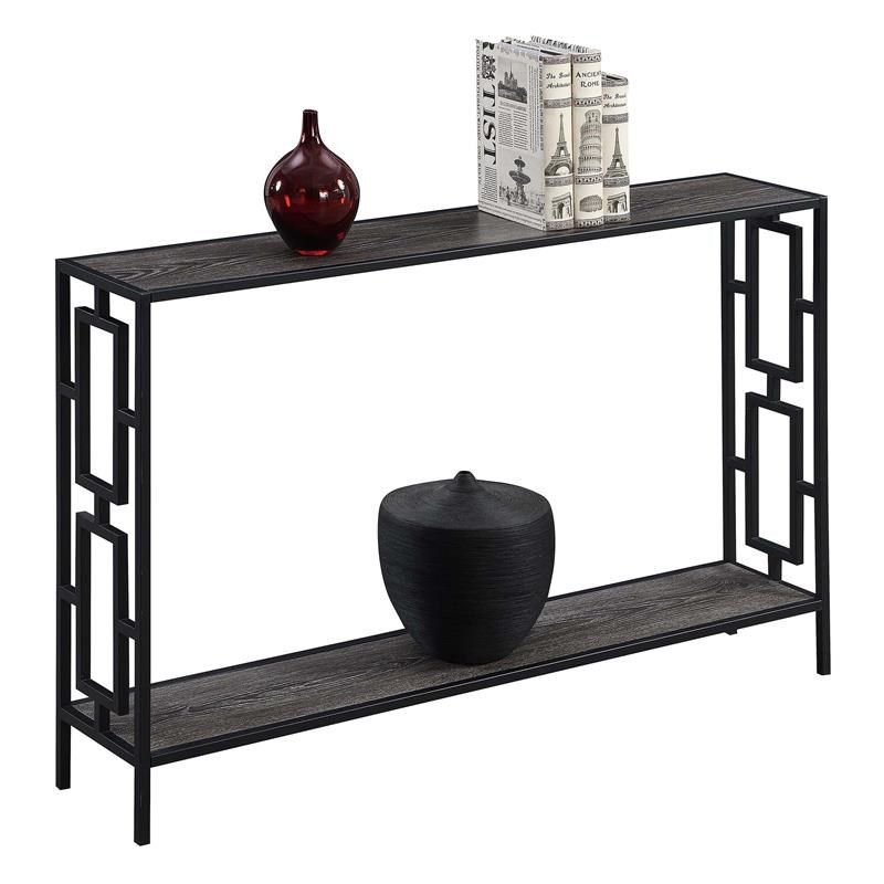 Town Square Black Metal Frame Console Table In Weathered Gray Wood Pertaining To Square Matte Black Console Tables (View 12 of 20)