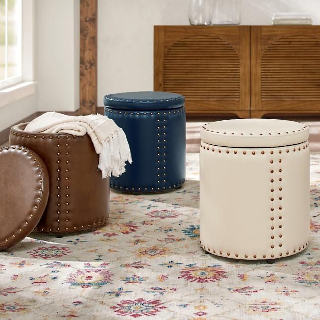 Tracy Storage Ottoman | Grandin Road | Storage Ottoman, Round Storage With Regard To Round Gray Faux Leather Ottomans With Pull Tab (View 15 of 19)