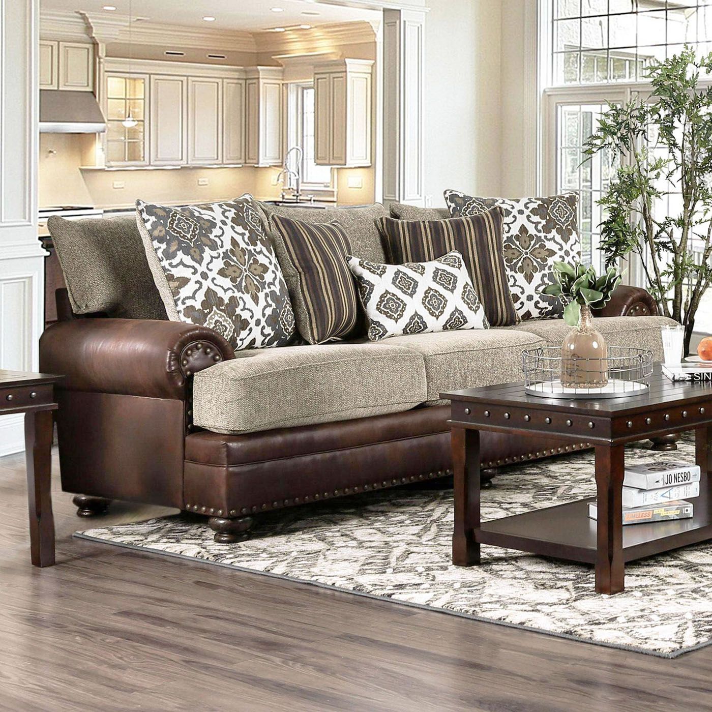 Transitional Two Tone Beige & Brown Sofa Set W/ Rolled Arms & Nailhead Trim Throughout Ecru And Otter Console Tables (View 20 of 20)