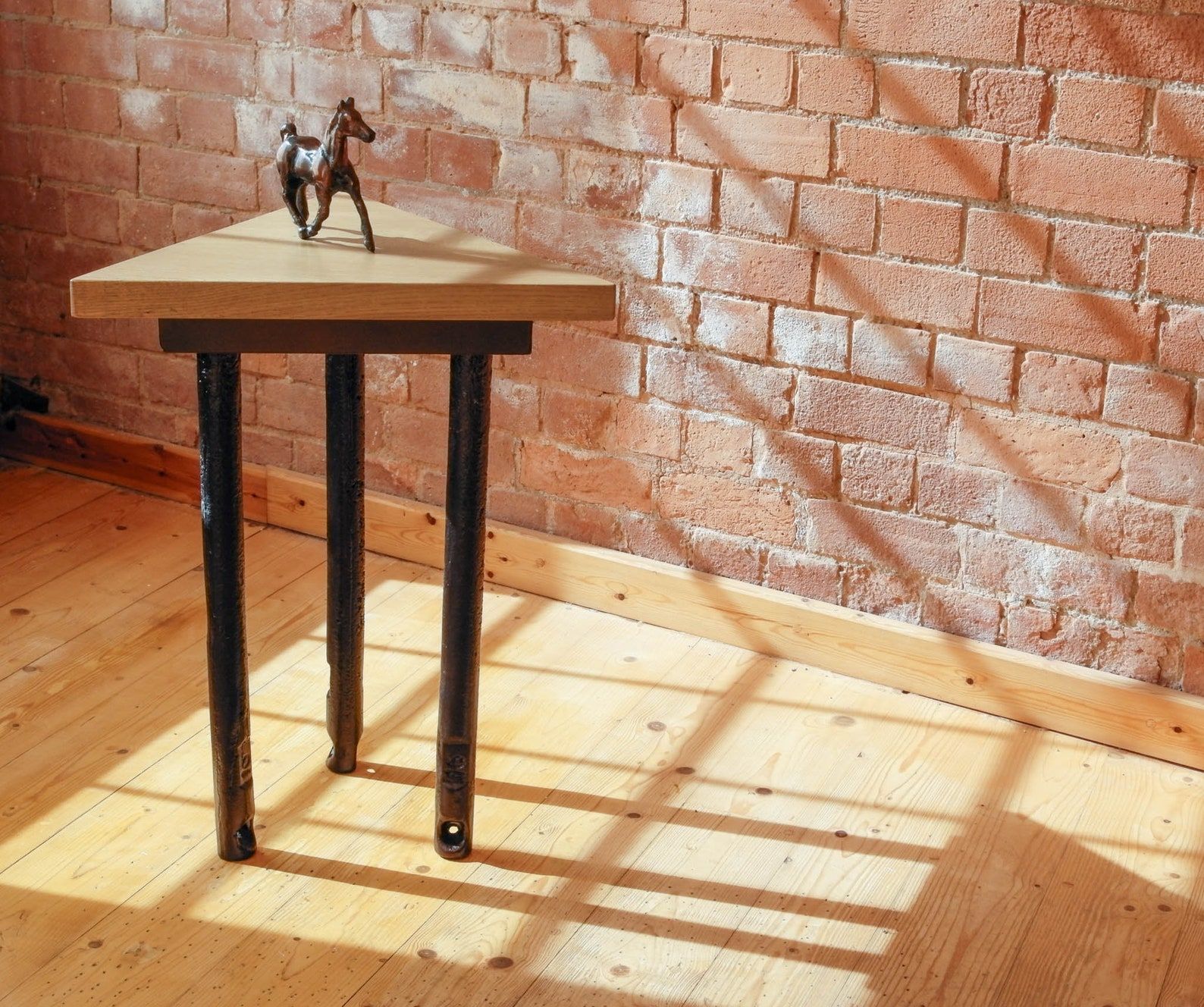 Triangular Polished Oak Topped Console/ Side Table (View 2 of 20)