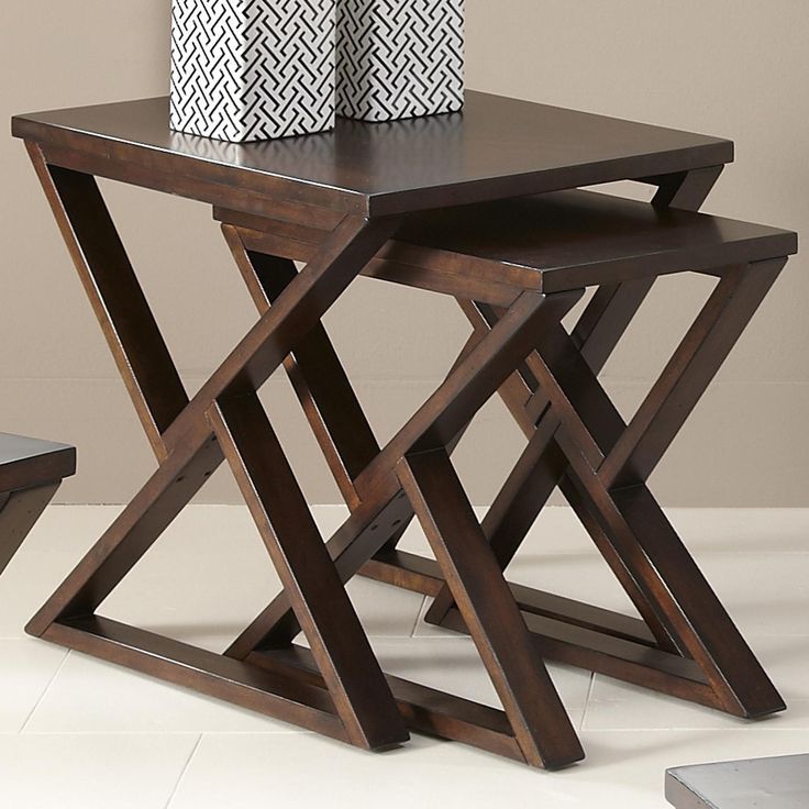 Triangular Shaped Legs 2 Piece Nesting End Table With Wooden Material Throughout Pecan Brown Triangular Console Tables (View 14 of 20)