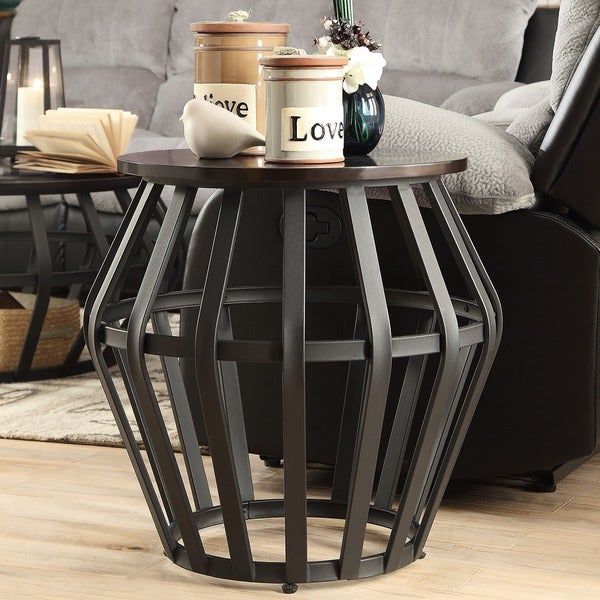 Tribecca Home Devon Metal Frame Round Cage Slate Accent End Table Inside Round Gold Metal Cage Nesting Ottomans Set Of  (View 7 of 20)