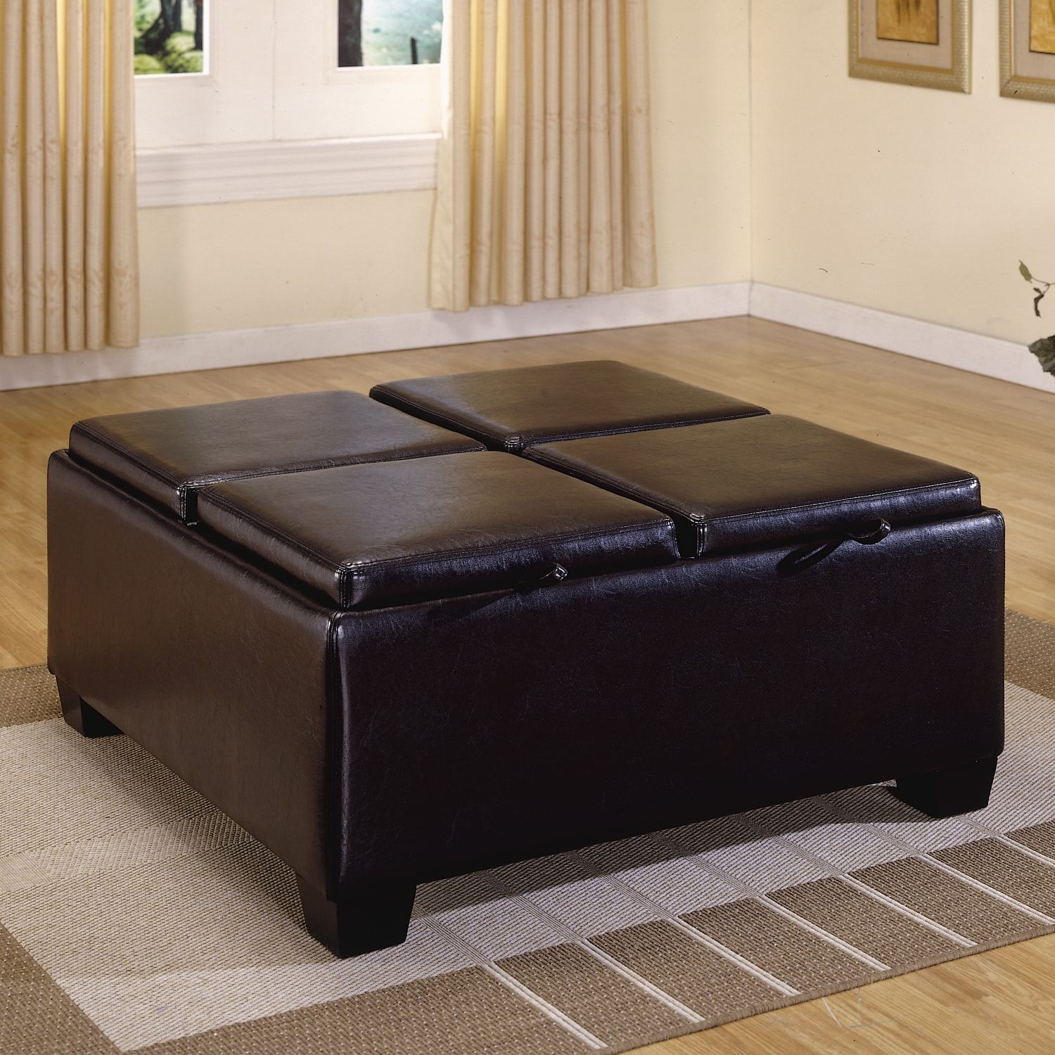 Tribecca Home Oakford Dark Brown Faux Leather Cocktail Tray Top Storage In Espresso Leather And Tan Canvas Pouf Ottomans (View 14 of 20)
