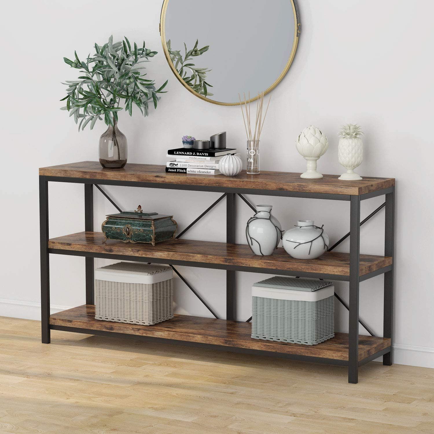 Tribesigns 55" Rustic 3 Tier Console Sofa Table, Industrial Narrow Long Pertaining To 3 Piece Shelf Console Tables (View 20 of 20)
