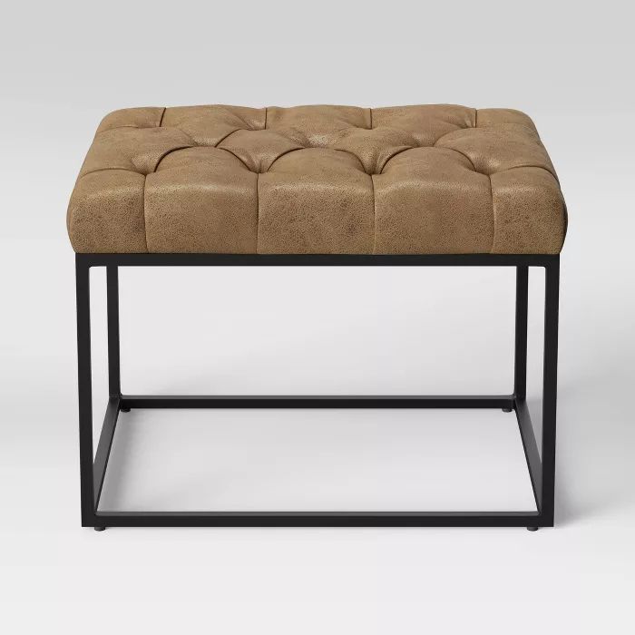 Trubeck Tufted Metal Base Ottoman Faux Leather Brown – Project 62 For Round Beige Faux Leather Ottomans With Pull Tab (View 12 of 20)