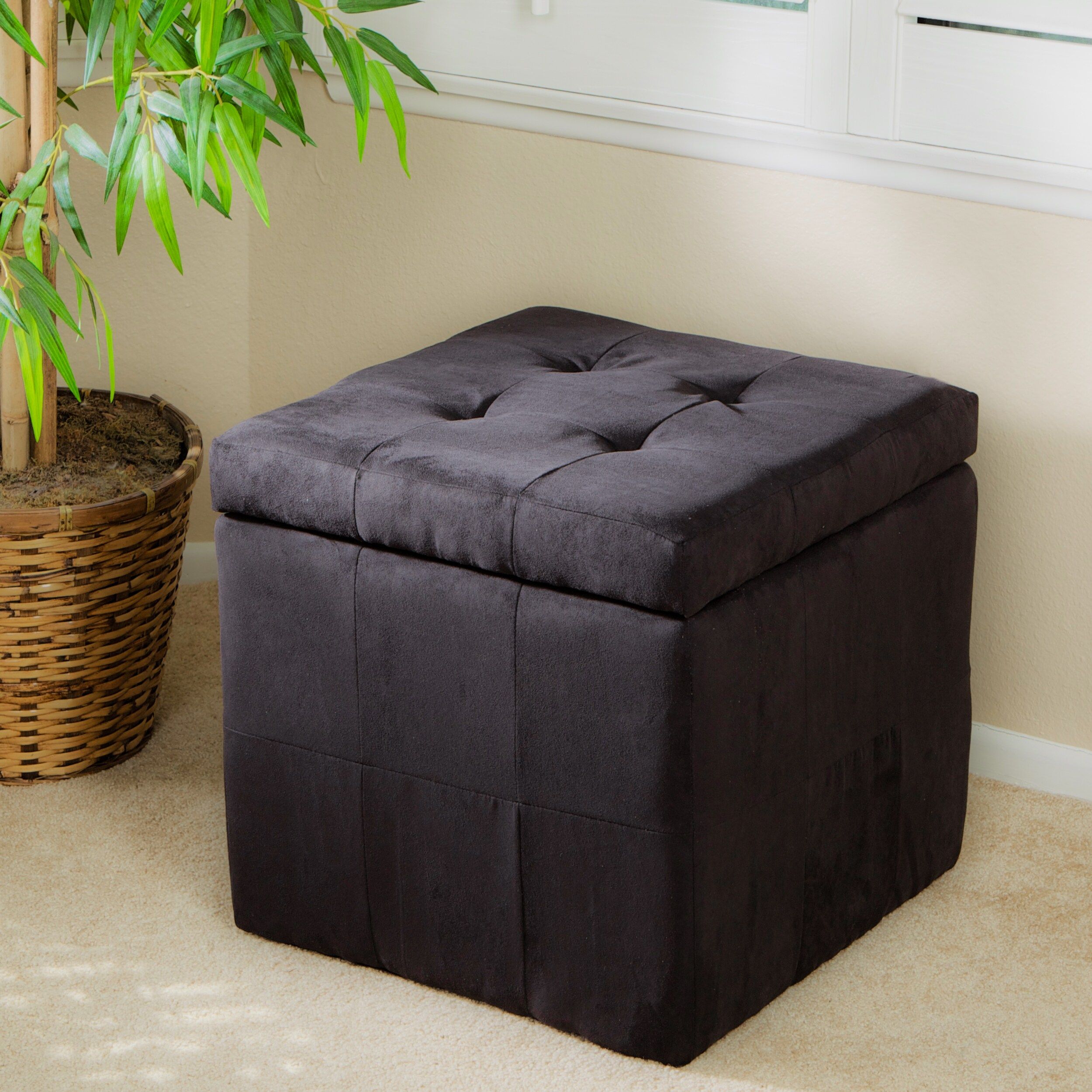 Tufted Black Fabric Storage Cube Ottoman – 13915122 – Overstock Inside Stripe Black And White Square Cube Ottomans (View 2 of 20)