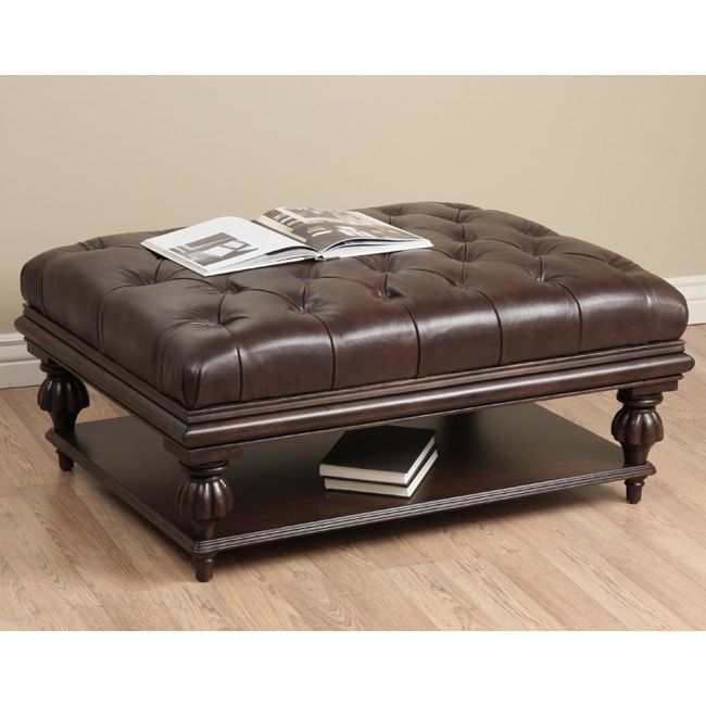 Tufted Brown Leather Ottoman With Shelf – Free Shipping Today Within Black Faux Leather Column Tufted Ottomans (View 11 of 20)