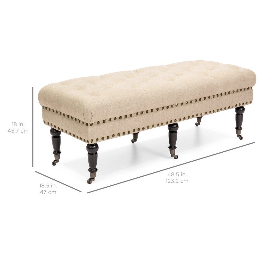 Tufted Linen Ottoman Bench W/ Studded Rivets | Ottoman, Ottoman Stool Within Beige Ombre Cylinder Pouf Ottomans (View 8 of 20)