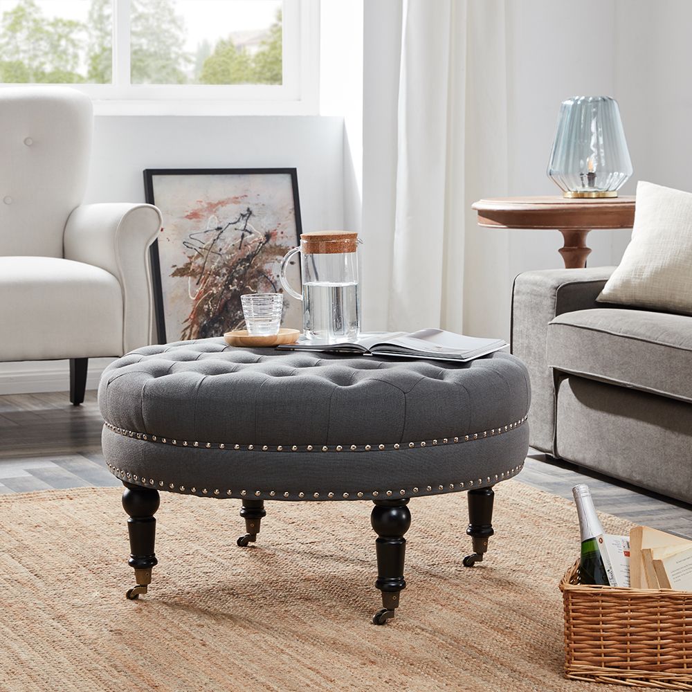 Tufted Ottoman Round Room Indoor Home Decor Seating Coffee Table (gray For Round Gray Faux Leather Ottomans With Pull Tab (View 16 of 19)