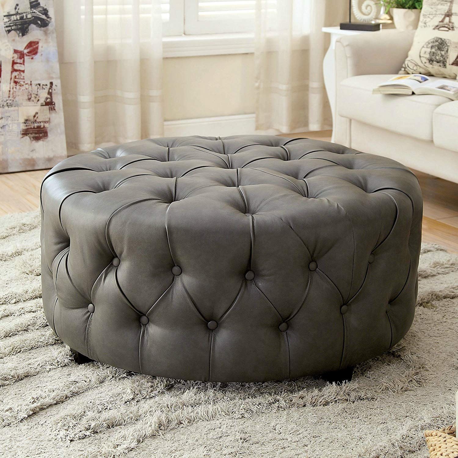 Tufted Round Leather Ottoman Large Grey Cocktail Modern | Round Leather For Silver And White Leather Round Ottomans (View 4 of 20)
