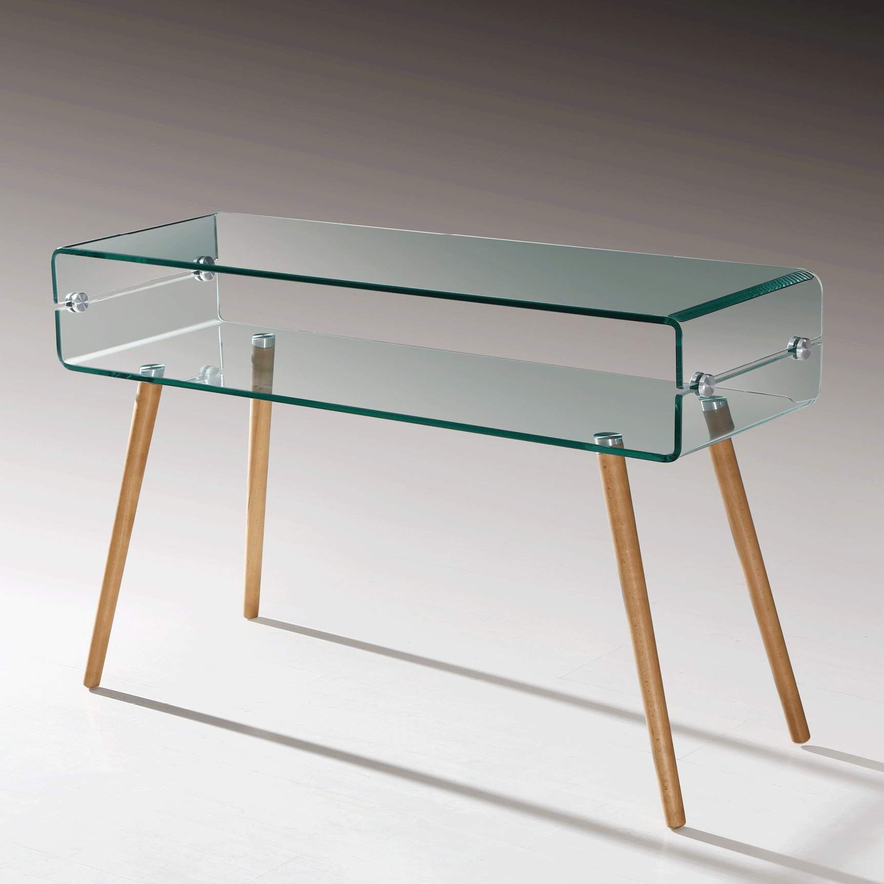 Two Shelves Bent Clear Glass Console Glass Table With 4 Wooden Legs Csw With Regard To Clear Console Tables (View 3 of 20)