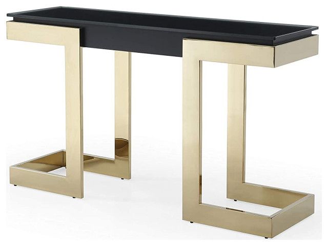 Unique End Table, Polished Gold C Shaped Legs With Black Glass Top For Square Black And Brushed Gold Console Tables (View 12 of 20)