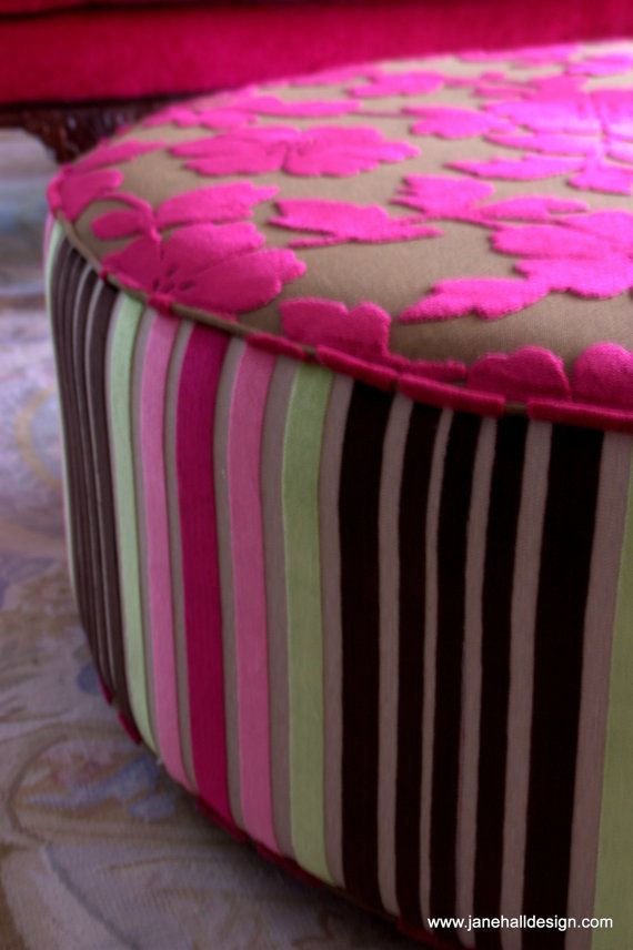 Upholstered Ottoman In Pink Chocolate Brown Green Clarke | Etsy With Regard To Pink Fabric Banded Ottomans (View 14 of 20)